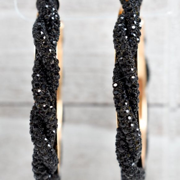 3" Boho Braid Twist Black Rhinestone Hoop Earrings - Picture 4 of 12